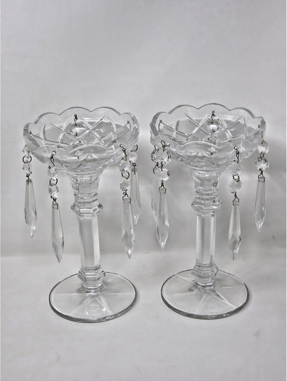 Vintage Bohemian Cut Glass Lead Crystal Candle Holders W/ Hanging Prism Accents